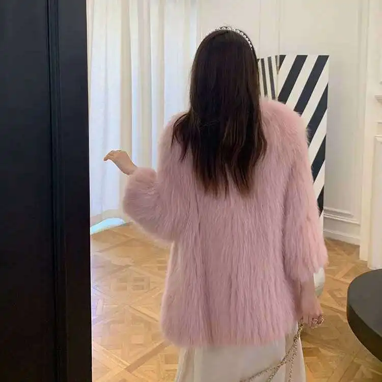 Women's Leather Fur Coat Autumn and Winter Imitation Raccoon Fur Woven Long Fur Coat Women's Mid-Length Faux Fur Coat