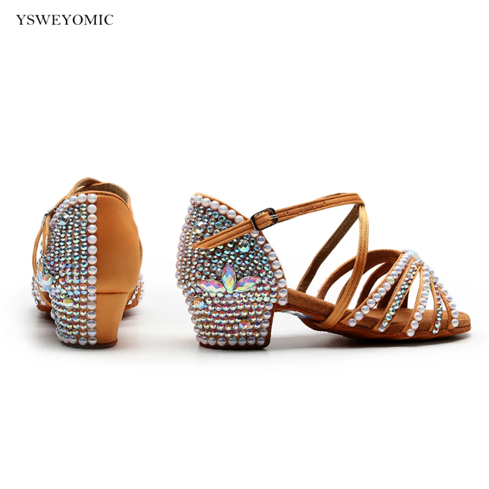 Child Latin Ballroom Dance Shoes 3.5cm Brown Black White Rhinestones Ballroom Salsa Latin Dance Shoes For Girls