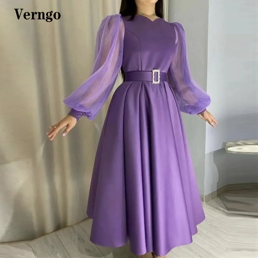 Verngo Lavender A Line Evening Dresses Puff Long Sleeves Small V Neck Ankle Length Party Dress Modest Women Prom Gown With Sash