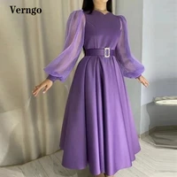 verngo lavender a line evening dresses puff long sleeves small v neck ankle length party dress modest women prom gown with sash