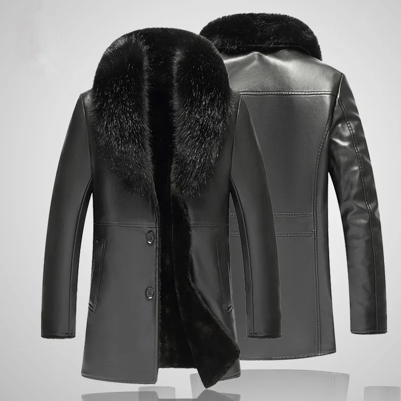 Promotion Low Price Winter Long Detachable Large Fur Collar Leather Jacket Mens Jackets Faux Thick Very Warm Coat | Мужская одежда