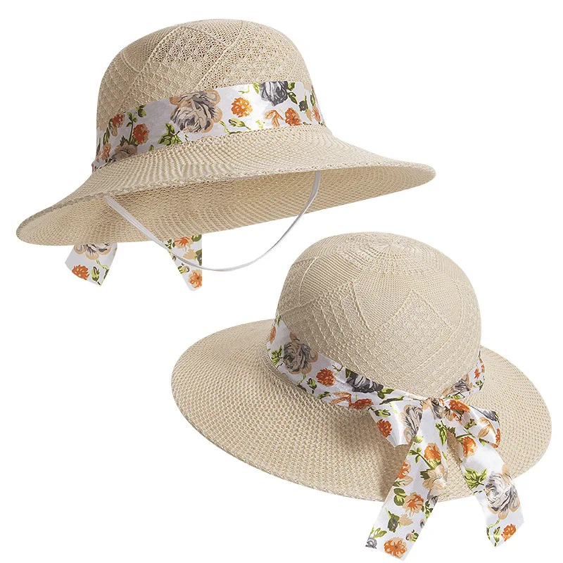 

2022 Summer Hats for Women New Imitation Raffia Bow Straw Hat Mother Sun Hat Big Wide Brim Bucket Gorros