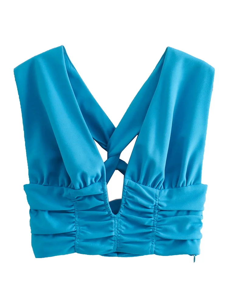 

Summer Tops For Women Clothing 2022 Streetwear Ruched Crop Top Plunging V Neck Sleeveless Back Cross Twist Night Out Sexy Top