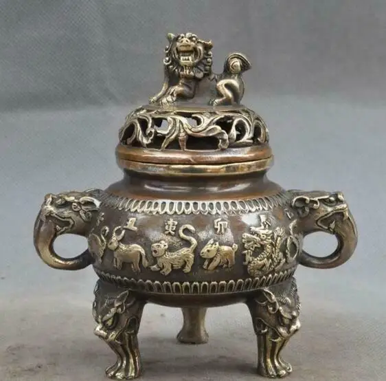 

old chinese bronze 12 zodiac foo dog lion beast statue incense burner Censer