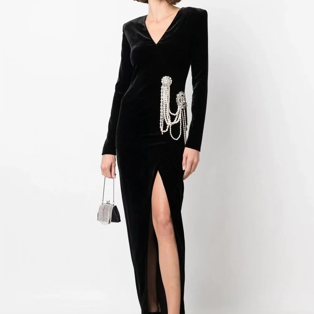 

Женское платье с V-образным вырезом, длинное черное бархатное платье знаменитости с высоким разрезом, новинка 2023