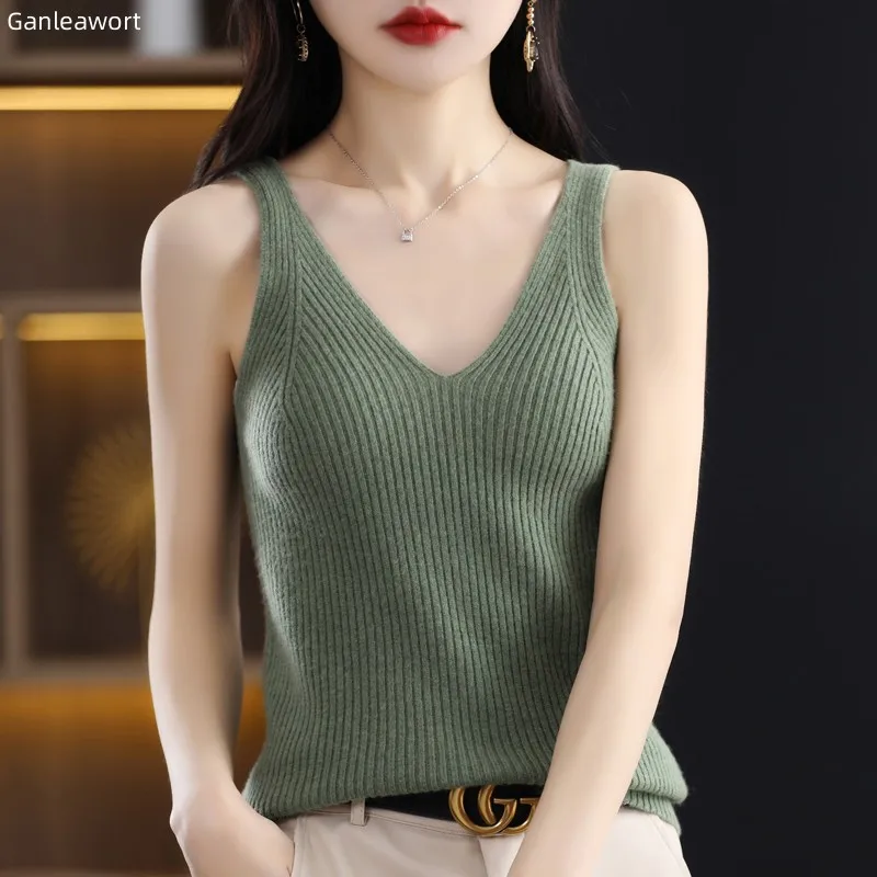 

Seamless Readymade Garment 100% Pure Woolen Sweater Suspended Tank Tops Women's Vertical Stripe Sleeveless Pullover Slim T-Shirt