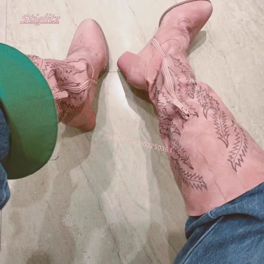 Pink Western Cowboy Boots 2022 New Arrival Women's Leather Round Toe Low Chunky Heel Side Zipper Retro Hollow Novelty Shoes