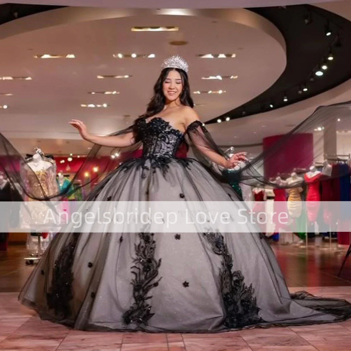 Элегантное черное бальное платье Angelsbridep для Quinceanera милое 2025 фотоблестящее с