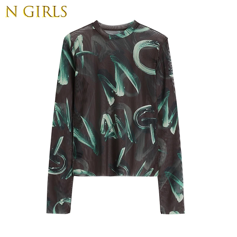 

Streetwear Transparent Mesh Casual Tees Women 2022 Summer Letter Long Sleeve Harajuku Crewneck Y2K T Shirt Female Chic Tide Tops