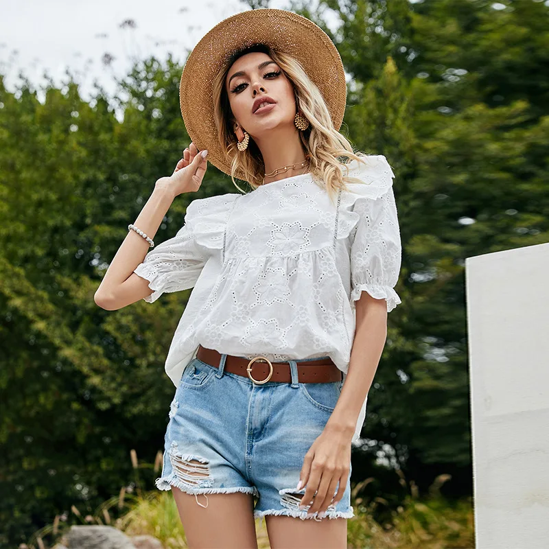 

Elegant Summer White T Shirts Women Ruffles 2021 Summer Casual Loose O Neck Hollow Out Tops New Cottagecore Tees Aesthetic Wear