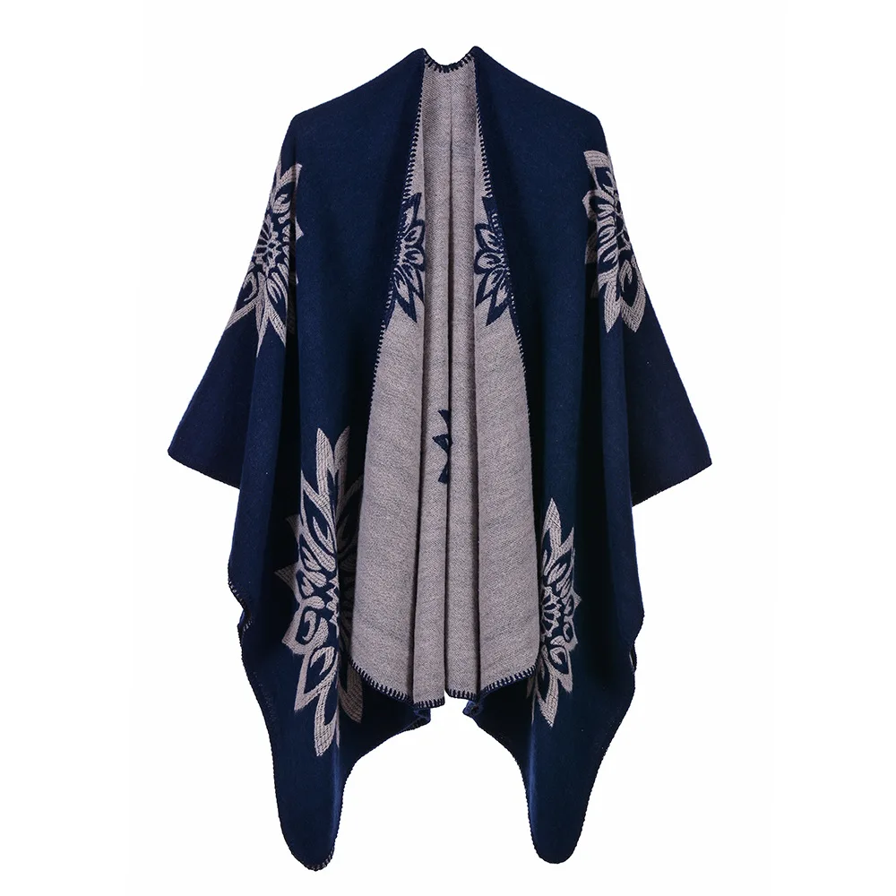 Women's Autumn Winter Scarf Shawl Dual-purpose Travel Warm Double-sided Imitation Cashmere Flower Cloak Ponchos Capes Naby