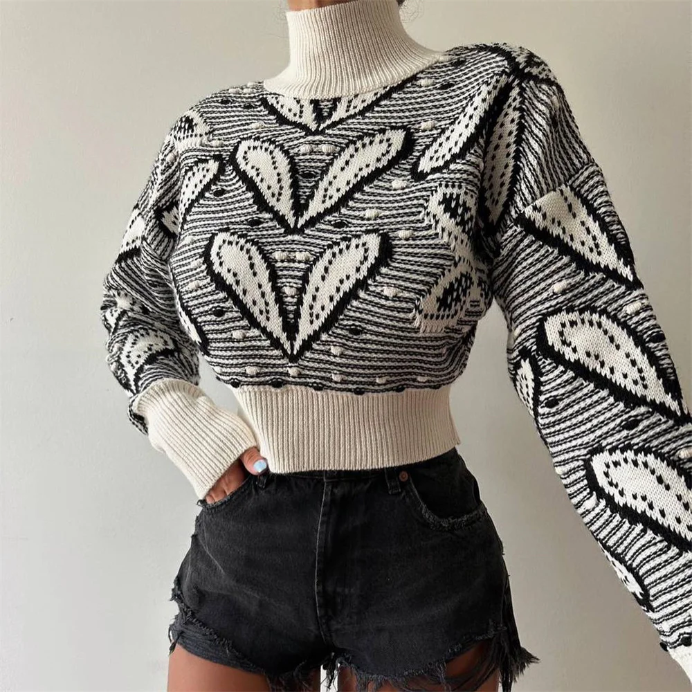 

High Street Turtleneck Sweater Patchwork Puff Sleeve Winter Crop Top Cloth Knit Pullover Casual Vintage Korean Knitwear Autumn