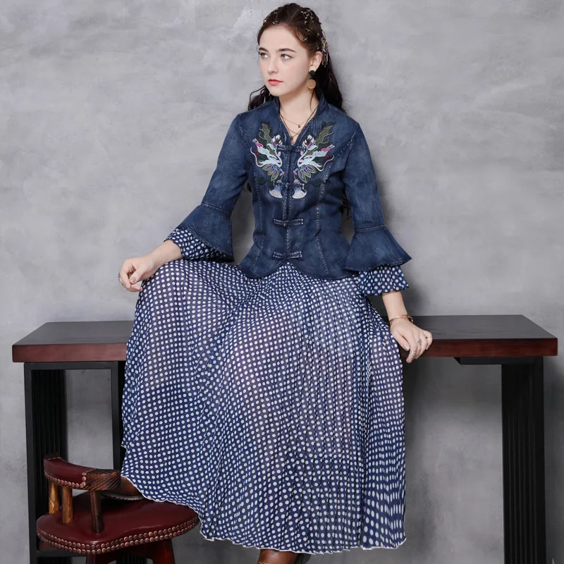 

Brand women's 2021 high-end autumn clothes new middle sleeve two-piece denim skirt retro embroidery buckle skirt