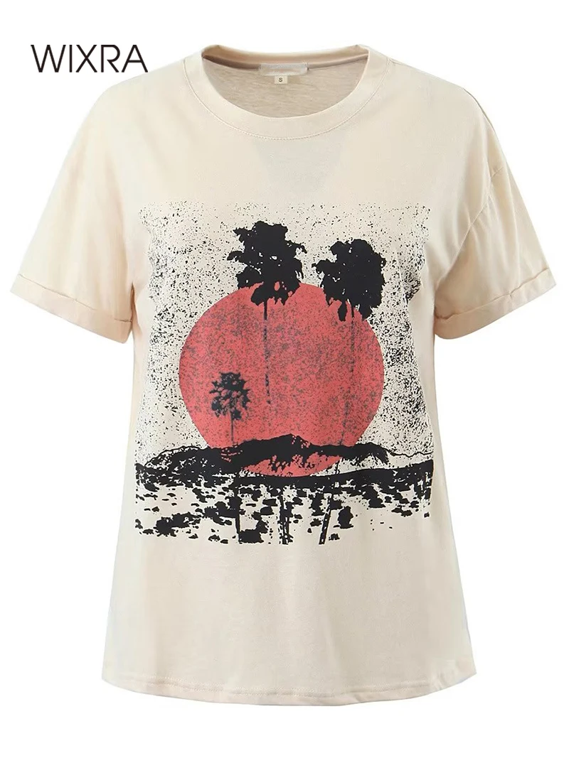 

Женская хлопковая Повседневная футболка Wixra, весенне-летняя свободная футболка с круглым вырезом и коротким рукавом, винтажный принт