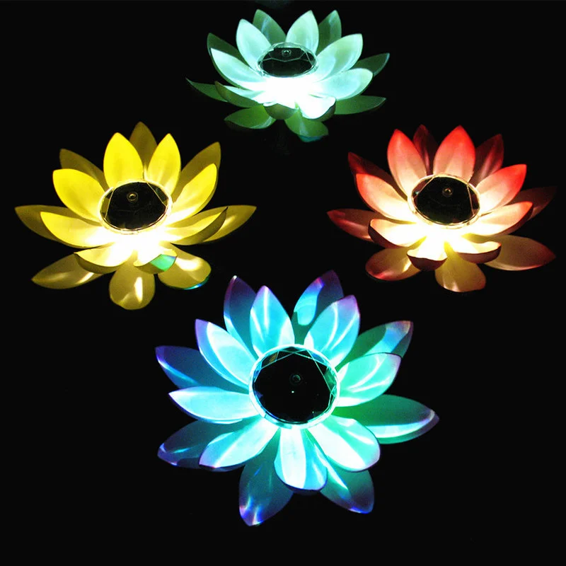 LED Solar Lamp Artificial Lotus Floating Fountain Pond Night Lights for Garden Pool Landscape Decoration Waterproof Solar Lights