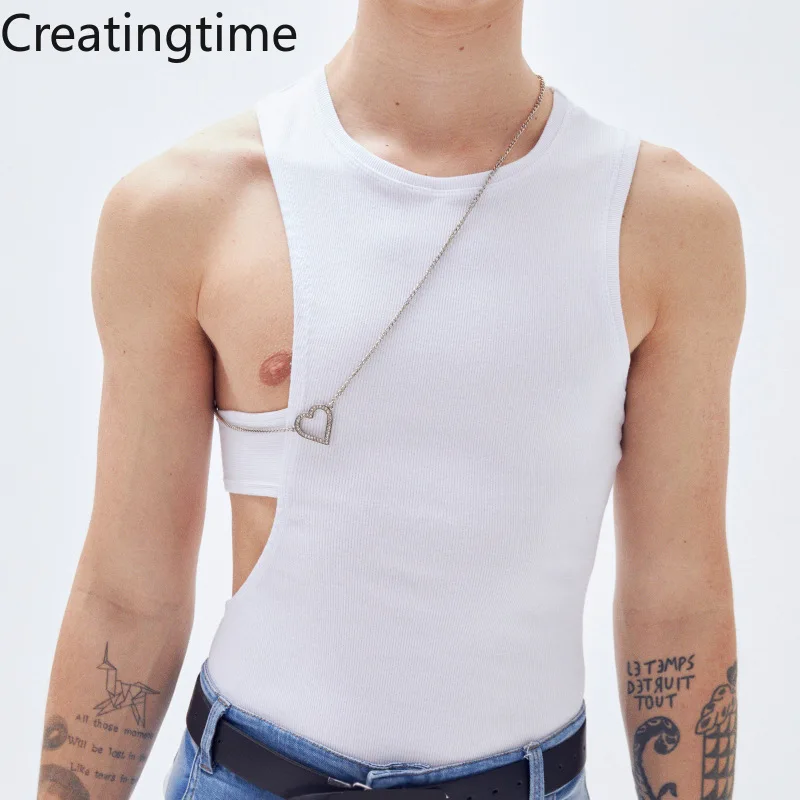 

Creatingtime 2022 Summer New White Sexy T-Shirt Stretch Casual Asymmetric Hollow Knitting Sleeveless Men's Vintage Vest GA872