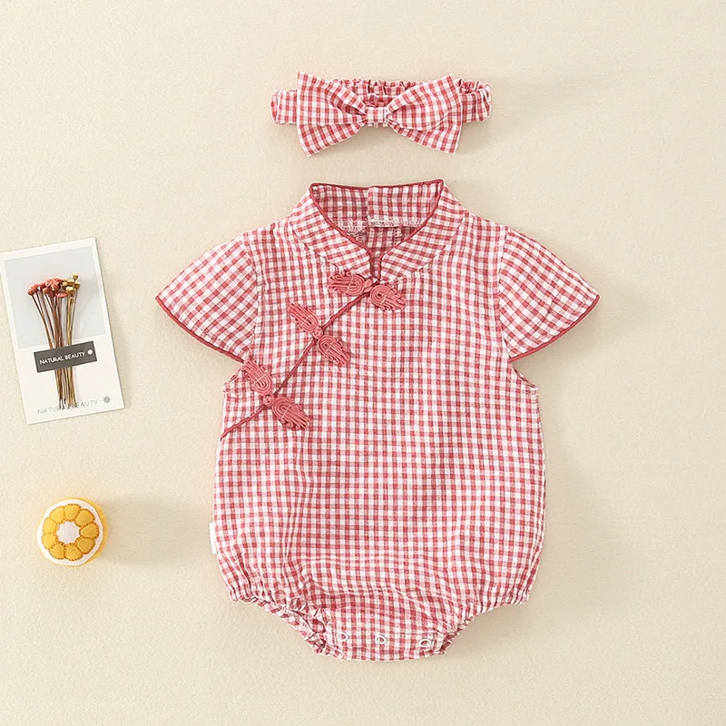 

Red Plaid Baby Romper + Headband