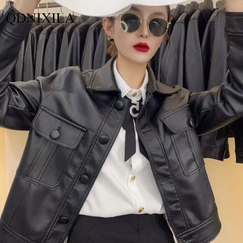 2023 Early Spring Imitation sheepskin Coat for Women New Single Breasted Leather Jacket Women Lapel Casual Street Short Jackets