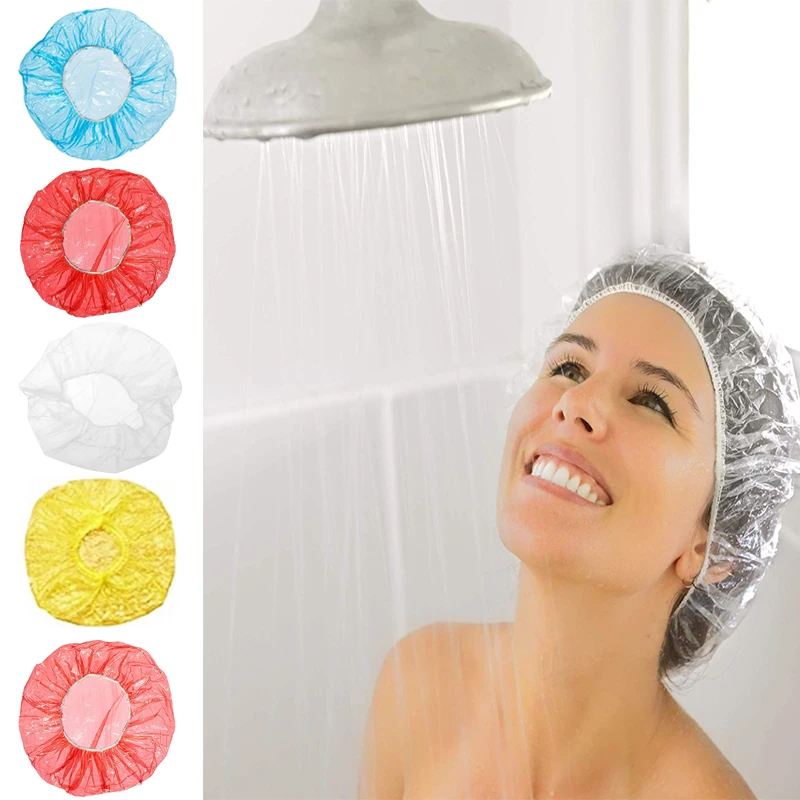 

Одноразовая шапочка для душа, пластиковая Водонепроницаемая прозрачная цветная шапочка для душа, гостиницы, путешествий, товары для однора...