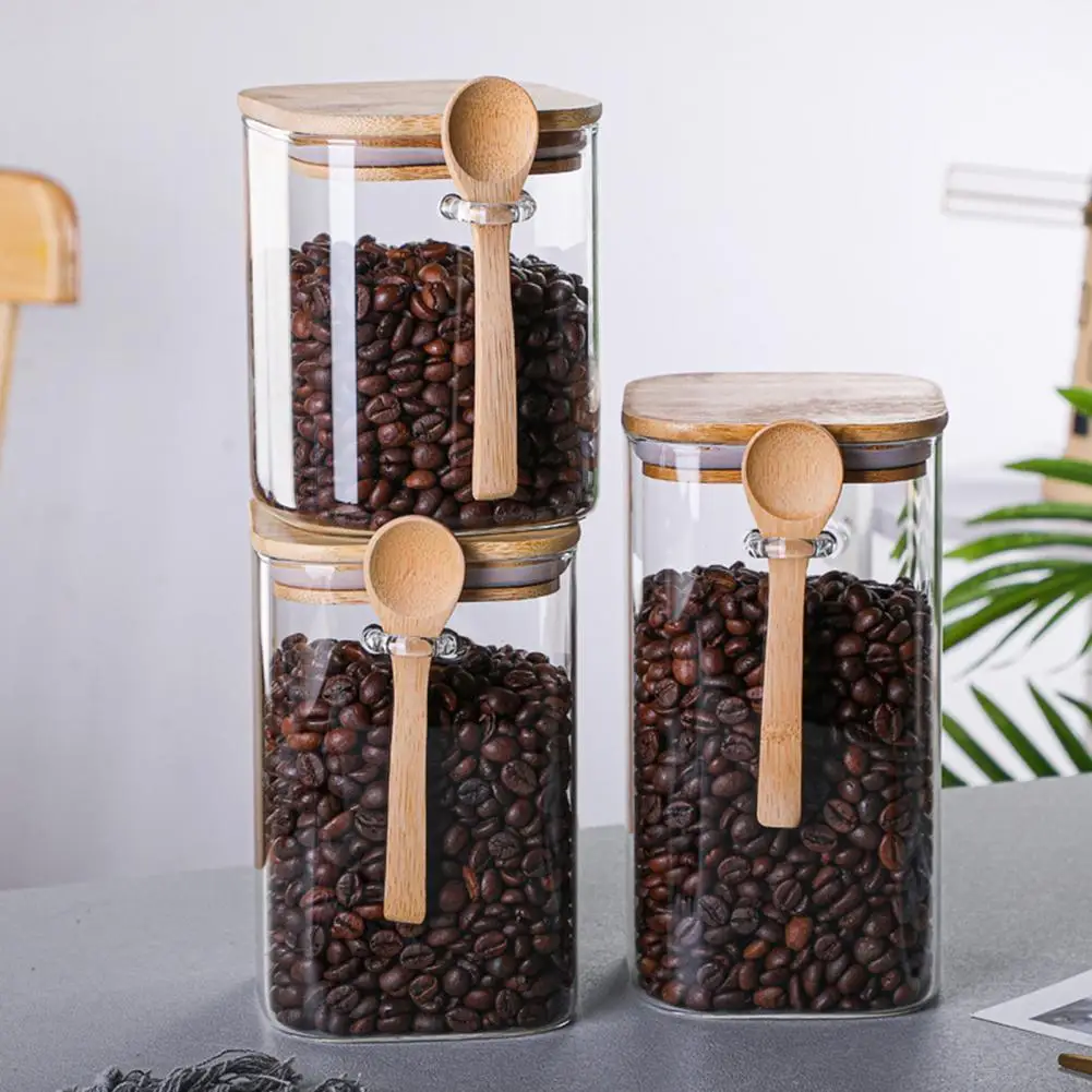 

Sealed Jar Wooden Lid Grain Container with Spoon Airtight Useful Glass Storage Tank with Airtight Cover