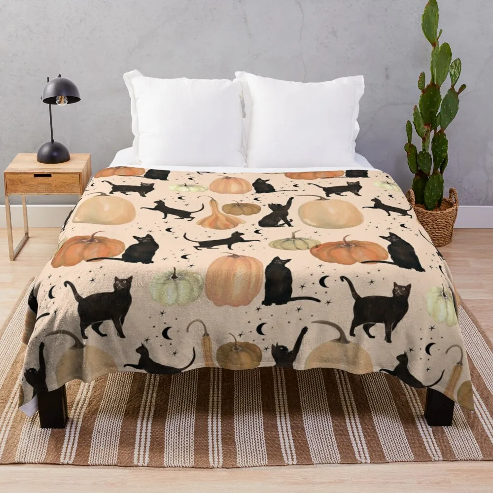 

Мягкое одеяло с принтом черной кошки и тыквы