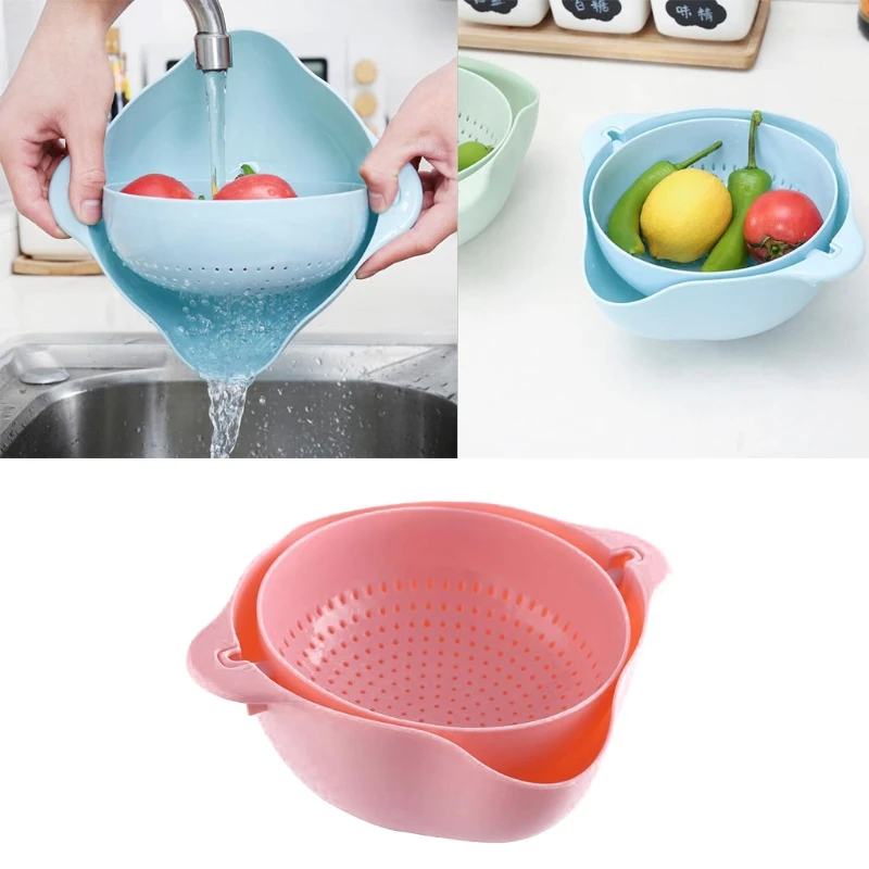 

Kitchen Rotating Basin Drain Double-layer Rotatable Drain Basket with Double Handle 2 in 1 Vegetable Fruit Washing Colander New
