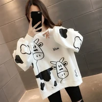 loose korean new dairy cow pattern bf lazy style pink white jumper spring autumn women sweatshirt thin round neck pullover tops