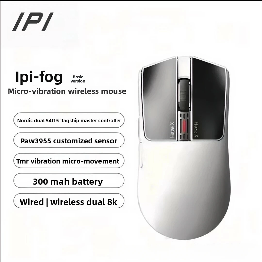 Фото Беспроводная игровая мышь IPI HAZEX FOG PAW3955 с трёхрежимным подключением, 8K, электромагнитным микромотором, Bluetooth, для киберспорта. №1