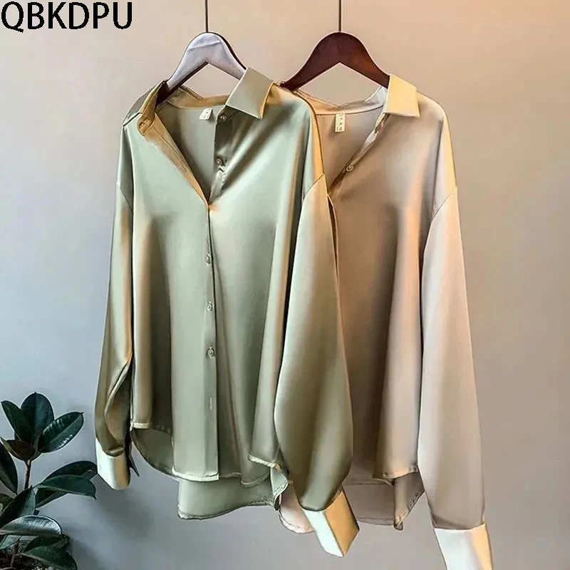 

QBKDPU летняя мерсеризационная атласная Женская блузка, Повседневная и универсальная рубашка с длинным рукавом, офисный большой кардиган