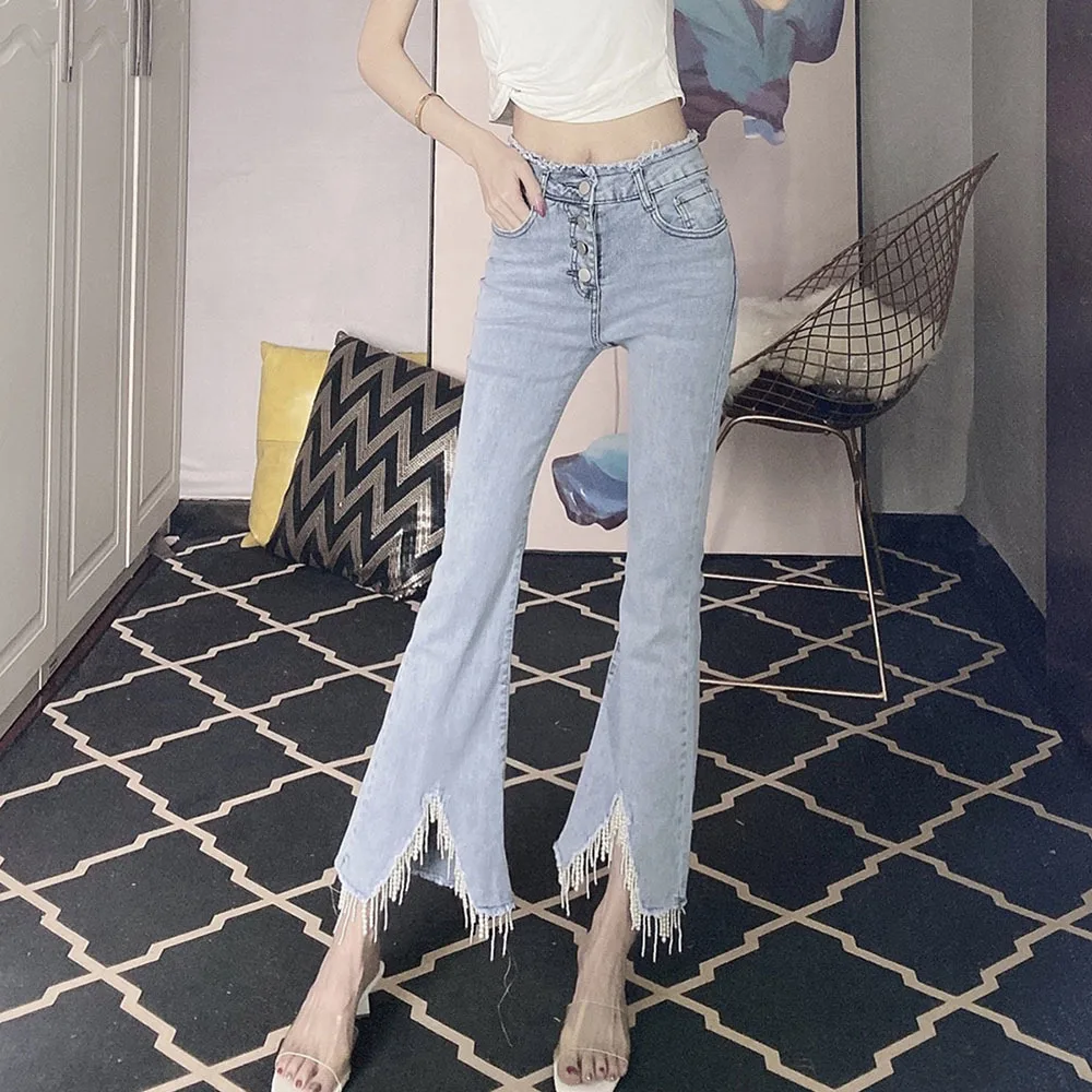 Женские джинсы с завышенной талией и бахромой весенне-летние облегающие брюки до