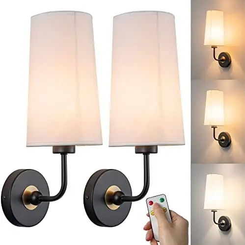 

Battery Operated Sconce Set of 2 Lamp with Remote Control, White Fabric Shade Sconce Not Hardwired Indoor Dimmable Light Fix