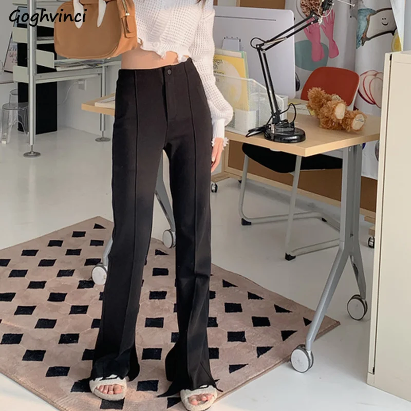 

Casual Pants Women Slit Full-length Korean Version Temperament Zipper Classy Office Ladies Ropa Simple Streetwear Popular Design