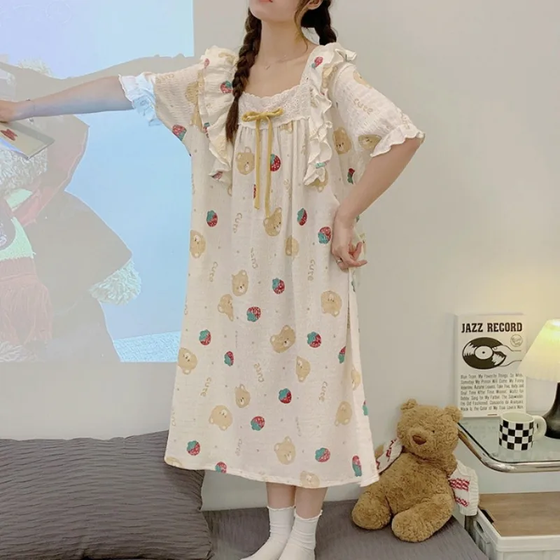 Cotton Plus Size Girl's Summer Sweets Costume New In Lady's Dress 2023 Long Length Print One-Piece Skirt Short Sleeve Nightdress