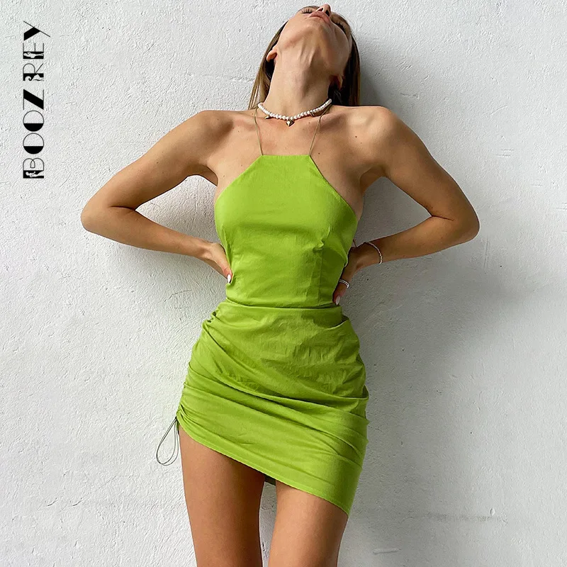 

Womens Solid Bodycon Dress Women Slim Sexy Halter Ruched Drawstring Club Party Hot Sexy Backless Sleeveless Summer Mini Dresses