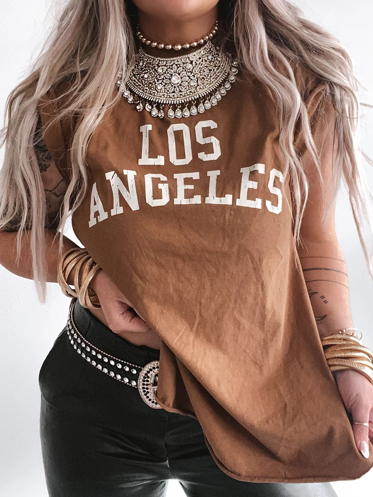 

Los Angeles The City Print Summer Women T Shirt Short Sleeve Side Slit 90s Girls Vintage Tee Shirt Loose American Style Tops