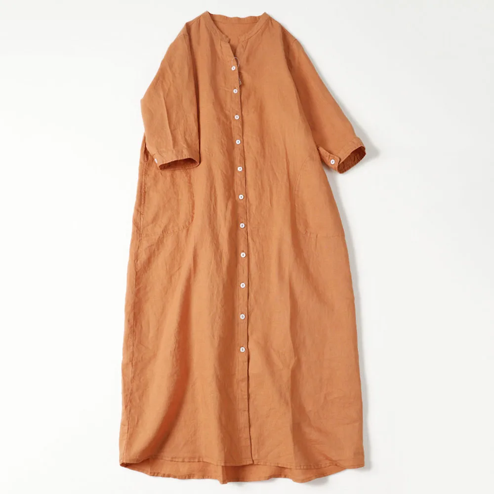 

SuperAen 2022 Spring Solid Plus Size Loose Medium Length 7-sleeve Cotton Linen Shirt STAND Mid-Calf Straight Casual Woman Dress