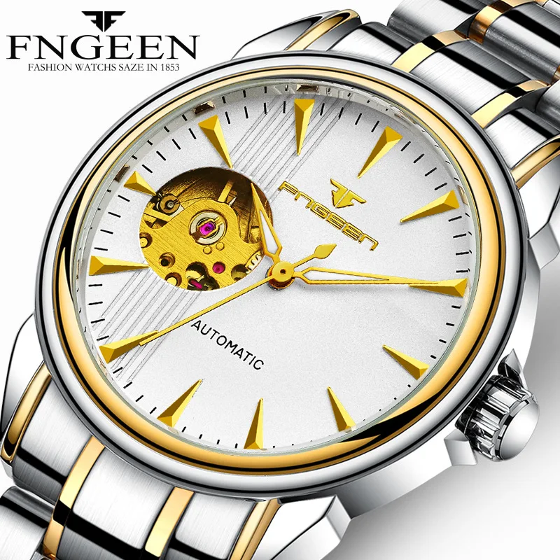 

Автоматические механические часы Fngeen, мужские часы с кожаным ремешком, модные мужские часы с отверстиями, индивидуальные водонепроницаемые часы из натуральной кожи