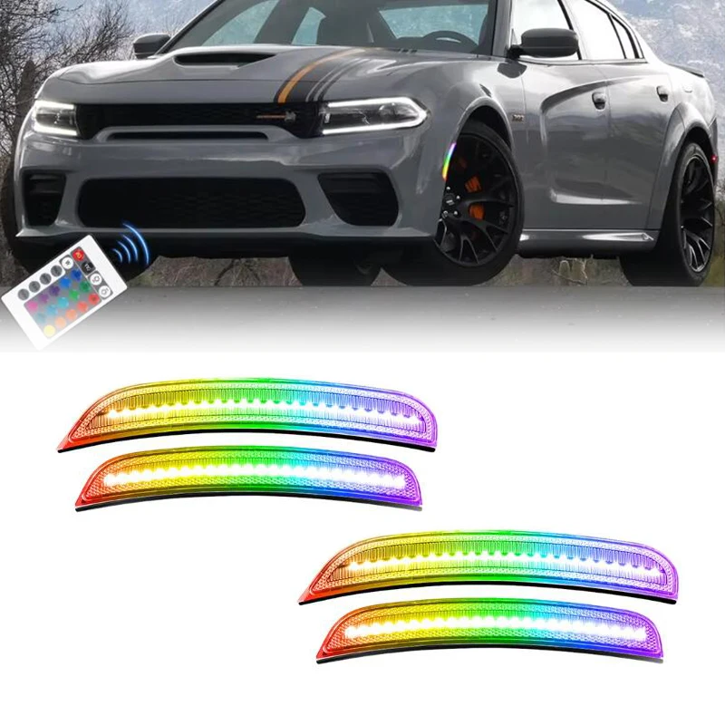 Фото Светодиодные боковые габаритные фонари RGB для Dodge Charger 2015-2023, дымчатые линзы, передний и задний бампер, комплект указателей поворота в сборе, аксессуары №1