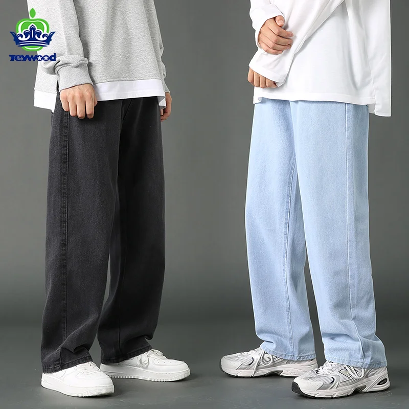 2022 frühling Sommer Streetwear Baggy Baumwolle Jeans Männer Koreanische Mode Lose Gerade Breite Bein Hosen Männliche Marke Schwarz Licht Blau