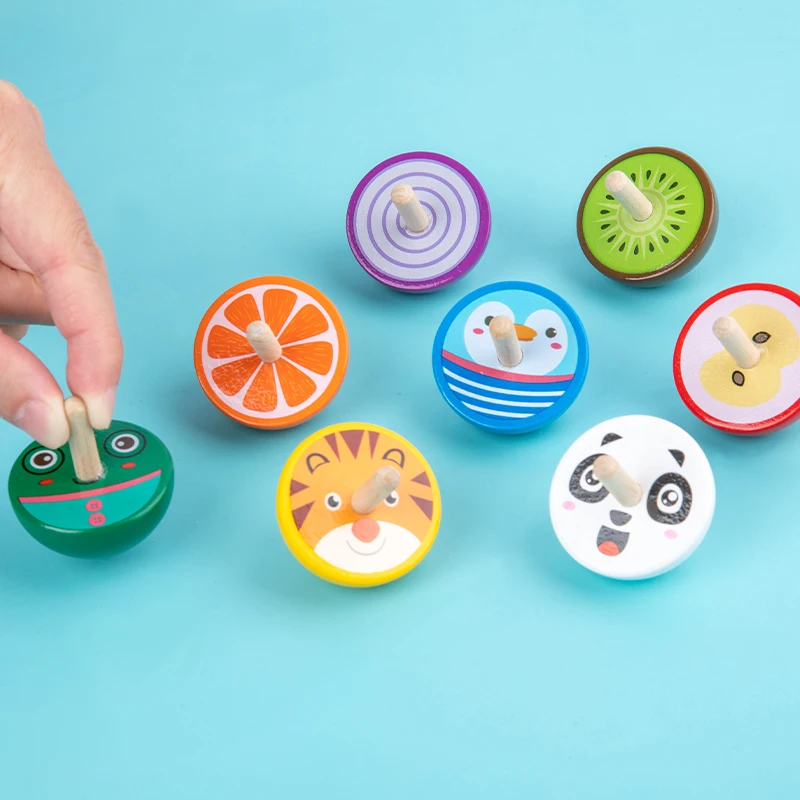 

8Pcs Children'S Wooden Cartoon Spinning Top Toy Fruit Animal Toy Table Rotating Multicolour Early Education Kids Gyroscope Toy