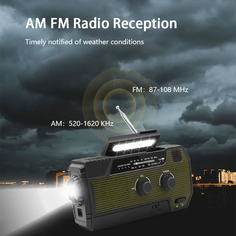Фото Портативное FM-радио с функцией Power Bank 4000 мАч, AM/FM, на солнечной батарее, для выживания, с LED-фонариком, SOS-сигналом, ночное аварийное радио №4