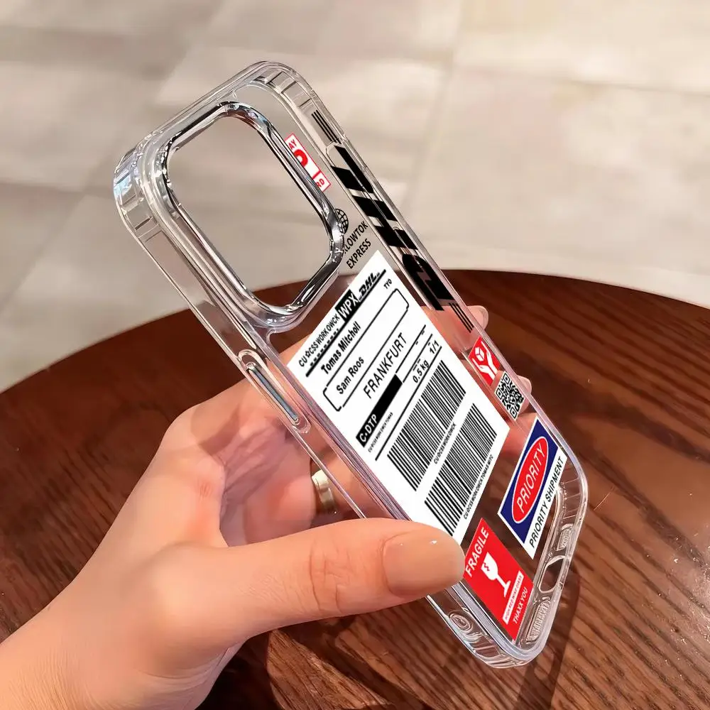 Фото Горячий тренд: Чехол для телефона с этикеткой-штрихкодом D-DHL для iPhone 17, 16, 15 Pro Max, 17 Air, 14, 13 Pro, 12 Mini Plus, серебристый корпус, IMD-покрытие №4