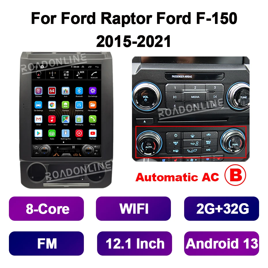 

12,1-дюймовый экран в стиле Tesla Android 14 для Ford Raptor F-150 F150 2015-2021, GPS, автомобильный мультимедийный плеер, стерео радиоприемник CarPlay