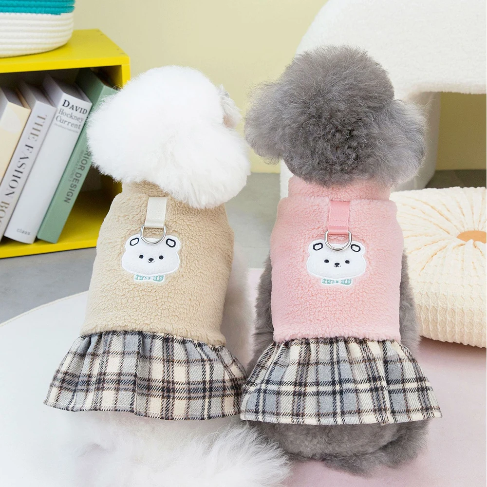 

Winter Dog Plush Dresses Pet Cute Clothes Puppy Dress Skirt Chihuahua Maltese With Cartoon White Bear Pattern Pets Clothing