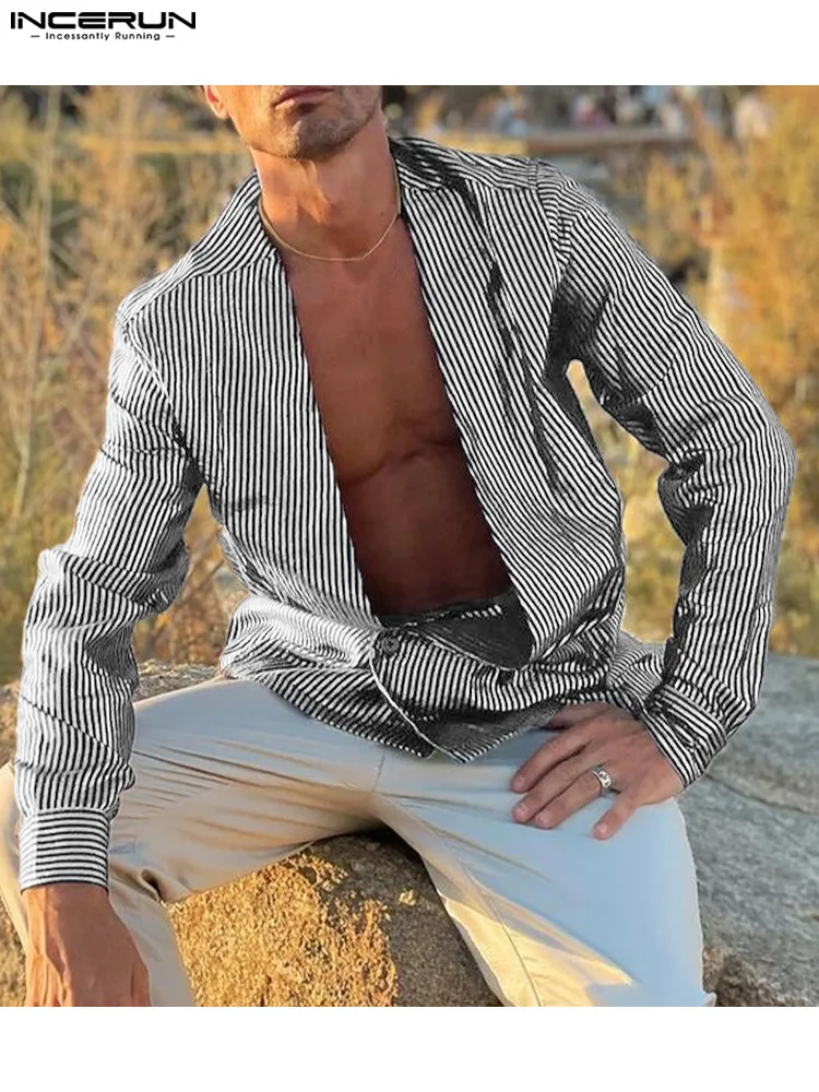 

Мужская рубашка в полоску, с длинным рукавом и V-образным вырезом