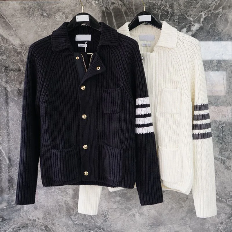 TB cardigan men and women with the same style men's slim zipper lapel four-bar wool sweater jacket tide