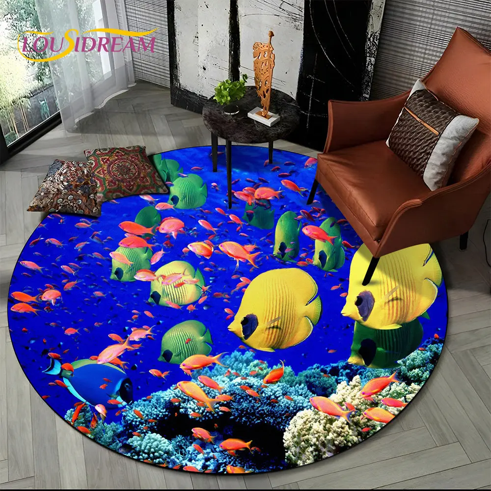 

3D подводный мир морского дна, дельфин, черепаха, круглый коврик, ковер для гостиной, спальни, дивана, противоскользящий напольный коврик