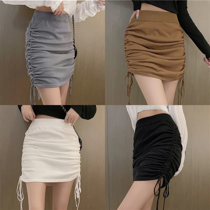 

Korean Women High Waist Drawstring Skirt Knit Sexy Casual Skinny Bodycon Mini Skirt