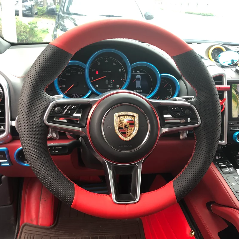 

for Porsche Macan Cayenne Panamera Cayman Boxster Genuine Leather Hand Sewn Car Steering Wheel Cover Accessories