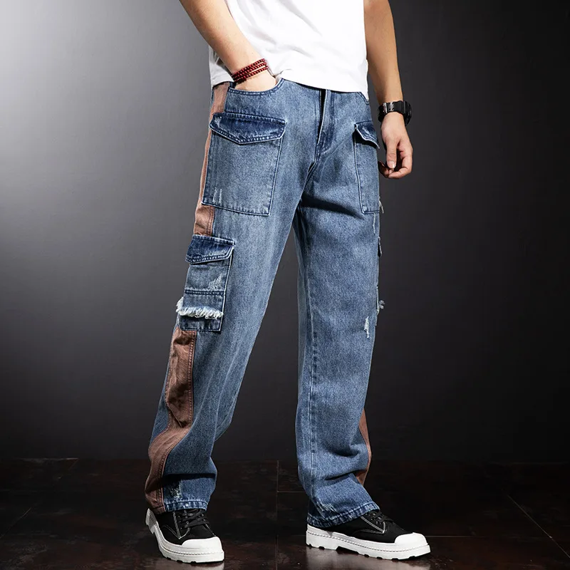 Plus Size Jeans Men Denim Pants Baggy Jeans Pants Streetwear Patchwork Trousers Male Big Size Bottoms Fashion Causal